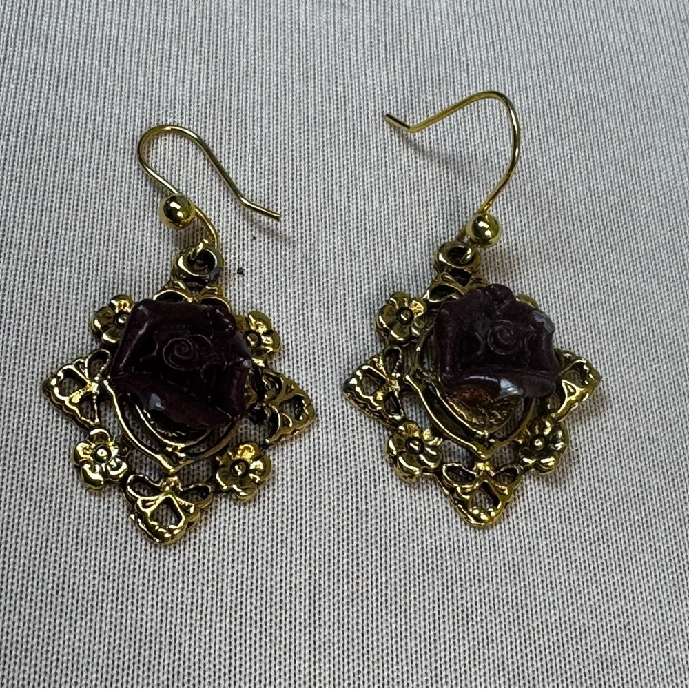 Gold-Tone Floral Rose Drop Earrings in Deep purple